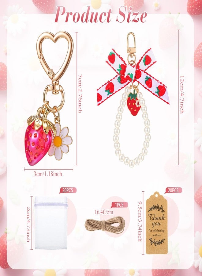 Ecation 20 Set Strawberry Keychain Party Favor Gift Set for Women Cute Key Chain Bag Charm Accessories with Thank You Card Organza Bag for Guests Baby Shower Party Favor Gift Wedding(Red Strawberry) - Image 2