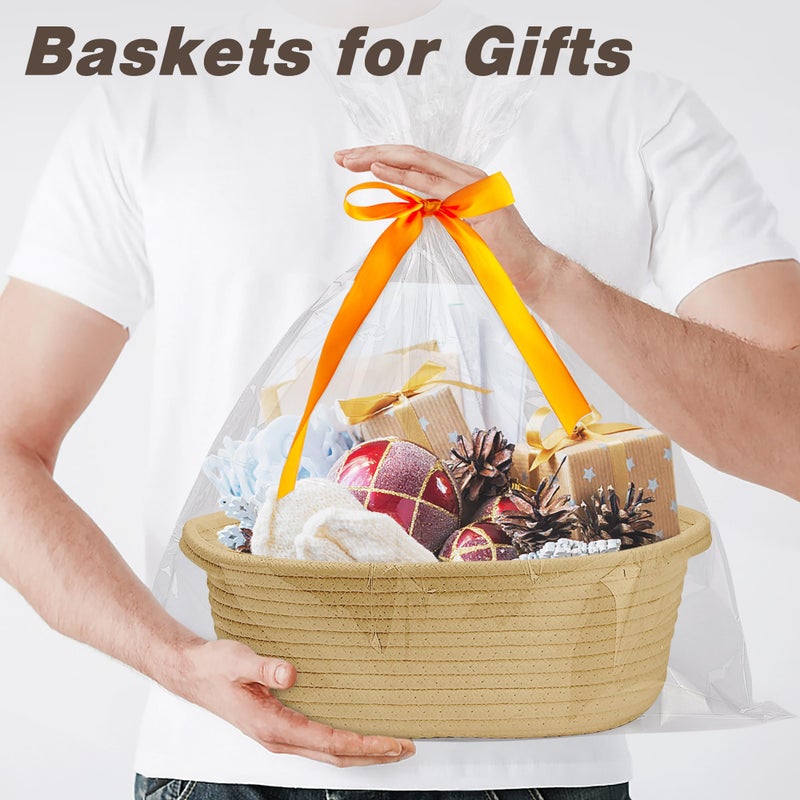 Pro Goleem Small Woven Basket with Gift Bags and Ribbons Durable Baskets for Gifts Empty Small Rope Basket for Storage 12"X 8" X 5" Baby Toy Basket with Handles, Khaki - Image 2