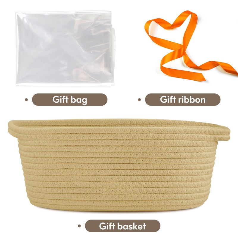 Pro Goleem Small Woven Basket with Gift Bags and Ribbons Durable Baskets for Gifts Empty Small Rope Basket for Storage 12"X 8" X 5" Baby Toy Basket with Handles, Khaki - Image 4