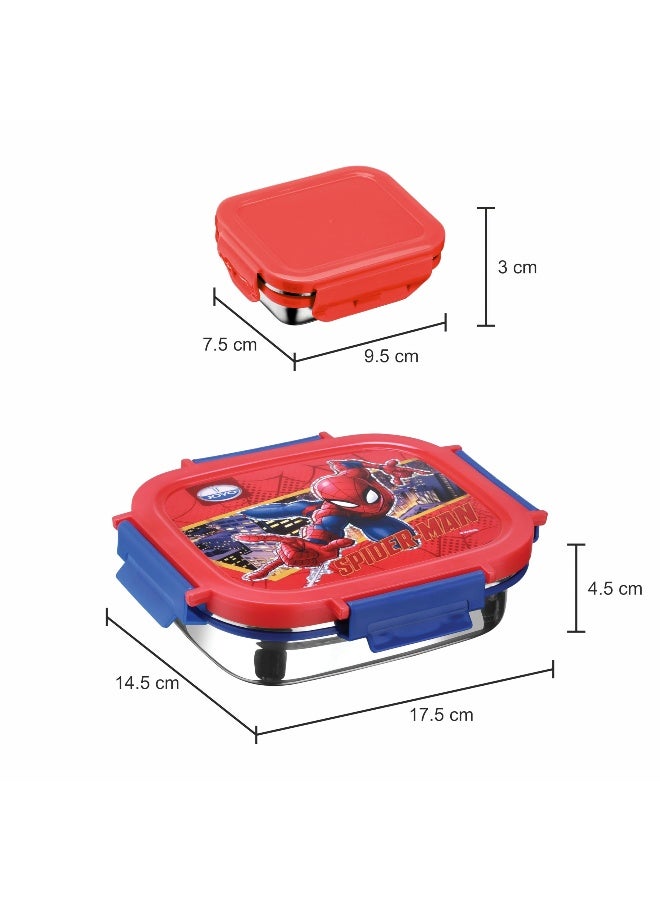 JOYO حزمة غداء صغيرة من الفولاذ المقاوم للصدأ JOYO True Food سعة 550 مل مع علبة غداء دابي 80 مل علبة غداء مع قفل ضغط مثالية للمدرسة أو الكلية أو المكتب مارفل سبايدرمان - Image 3