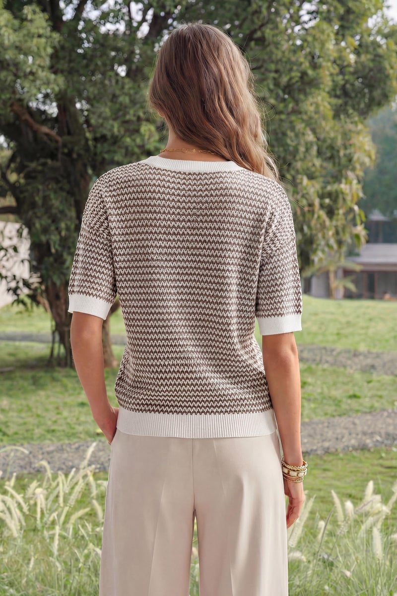 Arach&Cloz Women's 100% Cotton Short Sleeve Sweater Polo V Neck Striped Pullover Knit Spring Summer Casual Trendy Fashion 2026 Khaki XL - Image 4