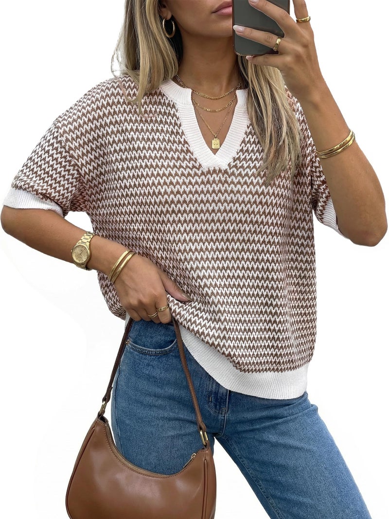 Arach&Cloz Women's 100% Cotton Short Sleeve Sweater Polo V Neck Striped Pullover Knit Spring Summer Casual Trendy Fashion 2026 Khaki XL - Image 1