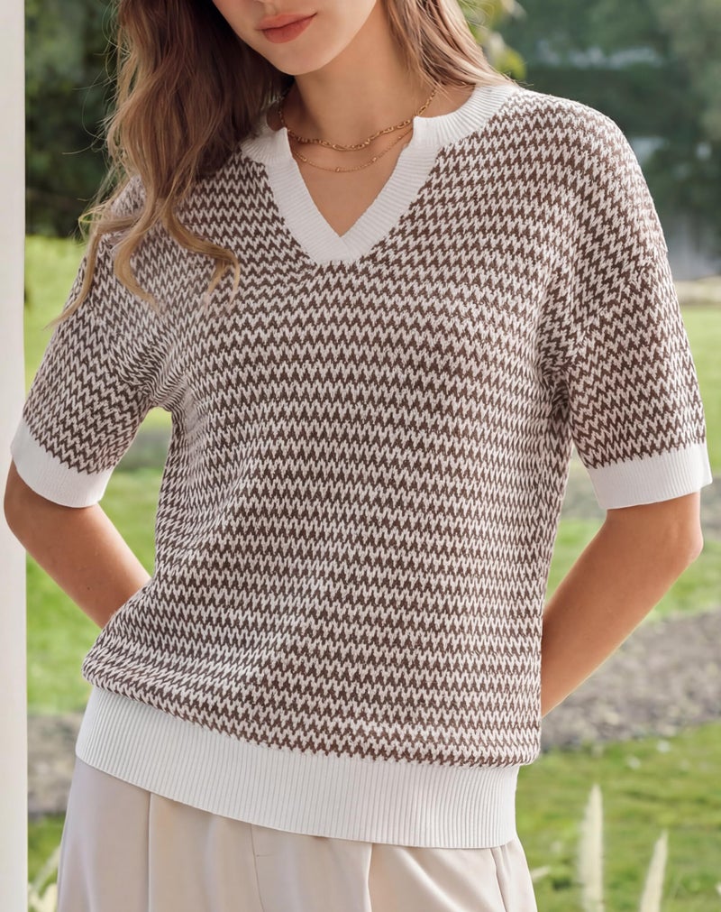 Arach&Cloz Women's 100% Cotton Short Sleeve Sweater Polo V Neck Striped Pullover Knit Spring Summer Casual Trendy Fashion 2026 Khaki XL - Image 2