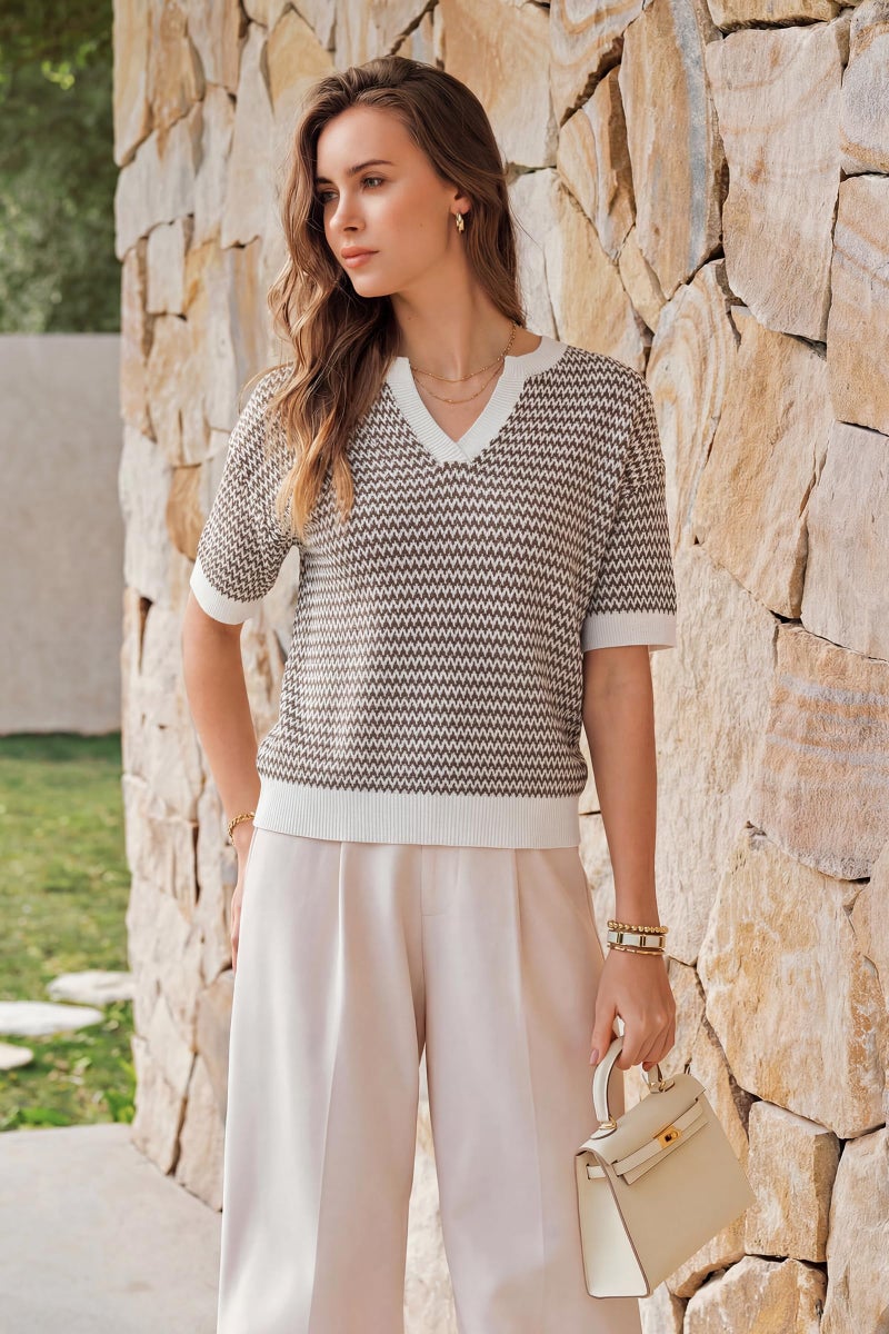 Arach&Cloz Women's 100% Cotton Short Sleeve Sweater Polo V Neck Striped Pullover Knit Spring Summer Casual Trendy Fashion 2026 Khaki XL - Image 5