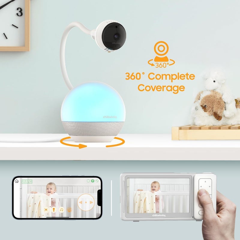 Chillax Baby Monitor Baby Mood Plus5inch 1080p HD Camera WiFi Baby Monitorwith Sleep Trainer  Mood Light SootherFlexible Gooseneck and 360Pan ViewAccessible via Phone App and Nursery Features - Image 2