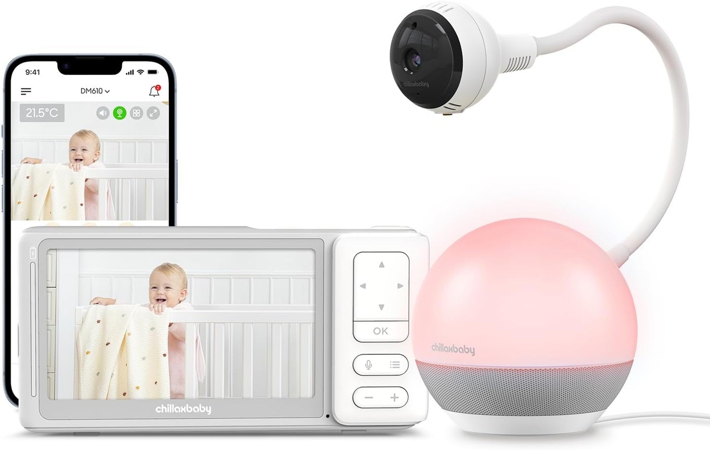 Chillax Baby Monitor Baby Mood Plus5inch 1080p HD Camera WiFi Baby Monitorwith Sleep Trainer Mood Light SootherFlexible Gooseneck and 360Pan ViewAccessible via Phone App and Nursery Features