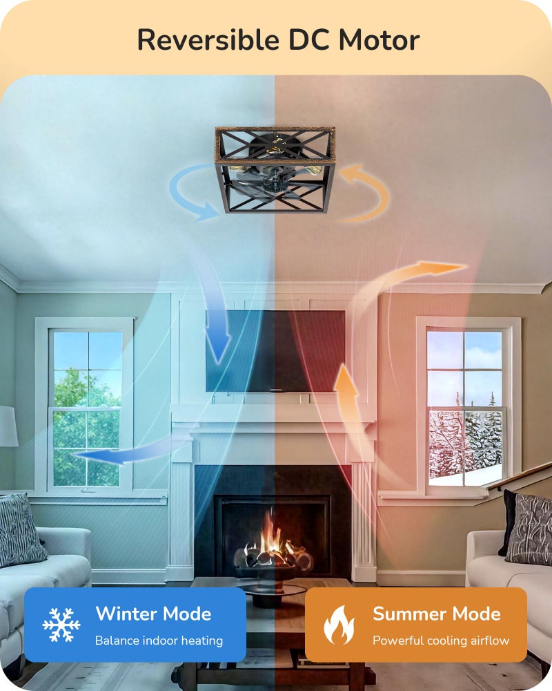 EDISHINE Caged Ceiling Fans with Lights Flush Mount, Rustic Square Low Profile Enclosed Fan Ceiling with Remote, 2/4 H Timer, Reversible 6 Speed, Farmhouse Small Fan for Bedroom, Kitchen, Dining Room - Image 5