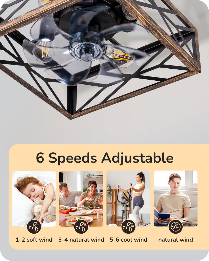 EDISHINE Caged Ceiling Fans with Lights Flush Mount, Rustic Square Low Profile Enclosed Fan Ceiling with Remote, 2/4 H Timer, Reversible 6 Speed, Farmhouse Small Fan for Bedroom, Kitchen, Dining Room - Image 4