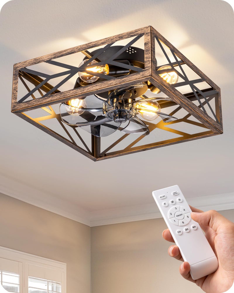 EDISHINE Caged Ceiling Fans with Lights Flush Mount, Rustic Square Low Profile Enclosed Fan Ceiling with Remote, 2/4 H Timer, Reversible 6 Speed, Farmhouse Small Fan for Bedroom, Kitchen, Dining Room - Image 1