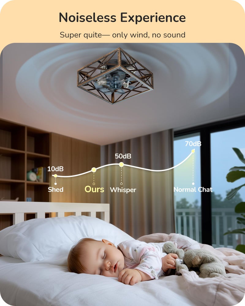 EDISHINE Caged Ceiling Fans with Lights Flush Mount, Rustic Square Low Profile Enclosed Fan Ceiling with Remote, 2/4 H Timer, Reversible 6 Speed, Farmhouse Small Fan for Bedroom, Kitchen, Dining Room - Image 3