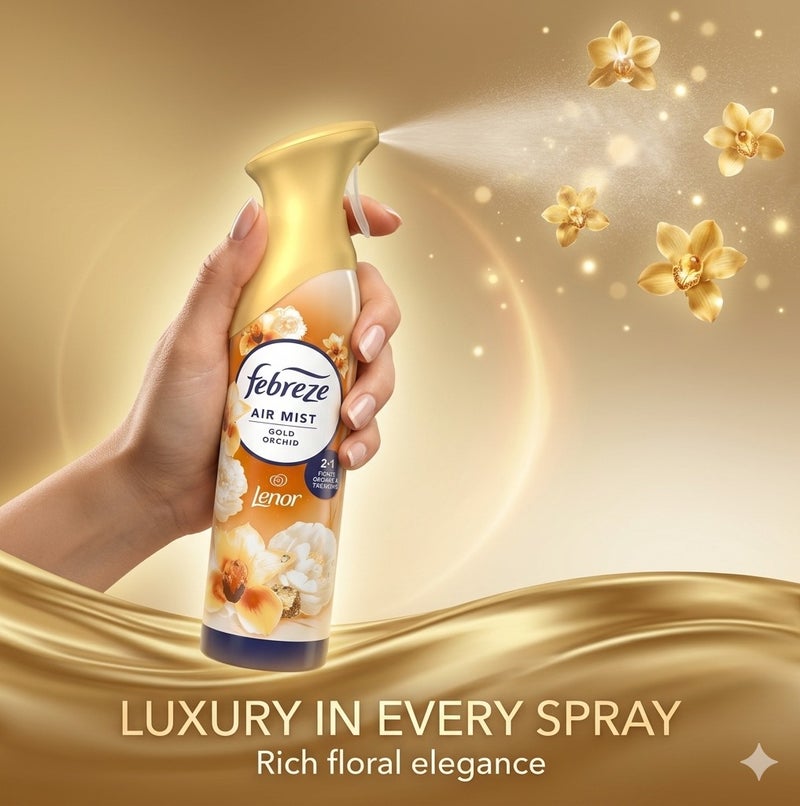 Febreze Air Mist Gold Orchid by Lenor 185ml Air Freshener Spray, Long Lasting Room Fragrance, Odor Eliminator Spray, Water Based Formula, Natural Propellant Home Bathroom Office Freshener - Image 4