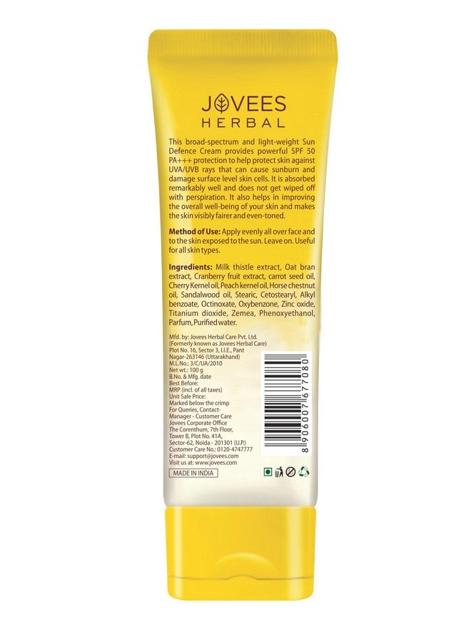 Jovees Herbal Sun Defence Cream Spf 50 Broad Spectrum Pa+++ Uvauvb Protection For All Skin Types 100G - Image 2