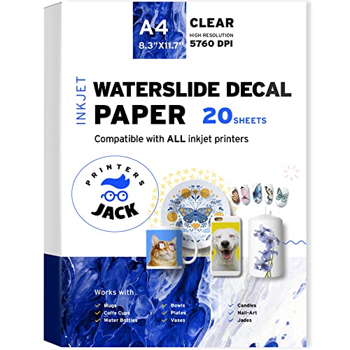 Printers Jack Water Slide Decal Paper Inkjet WHITE 20 Sheets, 8.5 x 11 inches Premium Water-Slide Transfer Paper Printable Water Slide Decals for Tumblers, Mugs, Glasses DIY - Image 1