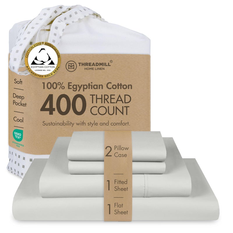 Threadmill Egyptian Cotton Queen Sheet Set | 100% Certified Egyptian Cotton Bed Sheets for Queen Size Bed | Snug Fit Deep Pocket Queen Bed Sheets Set | Soft Cooling Sateen Bedding Set | Light Grey - Image 1