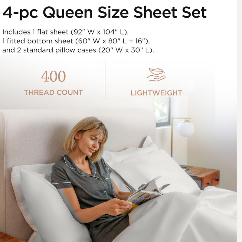 Threadmill Egyptian Cotton Queen Sheet Set | 100% Certified Egyptian Cotton Bed Sheets for Queen Size Bed | Snug Fit Deep Pocket Queen Bed Sheets Set | Soft Cooling Sateen Bedding Set | Light Grey - Image 2