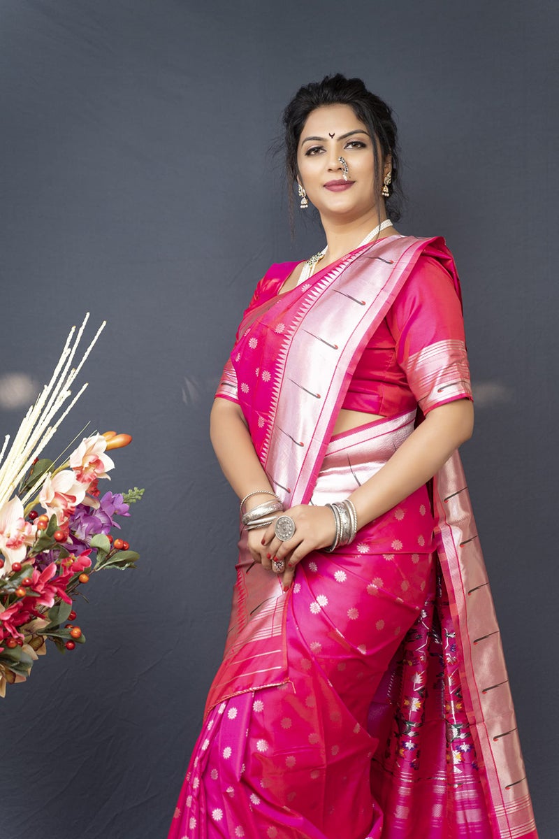AMIRAT Women's Litchi Silk Paithani Saree and Unstitched Blouse Piece | Saree Blouse for Women | Pink - Image 3