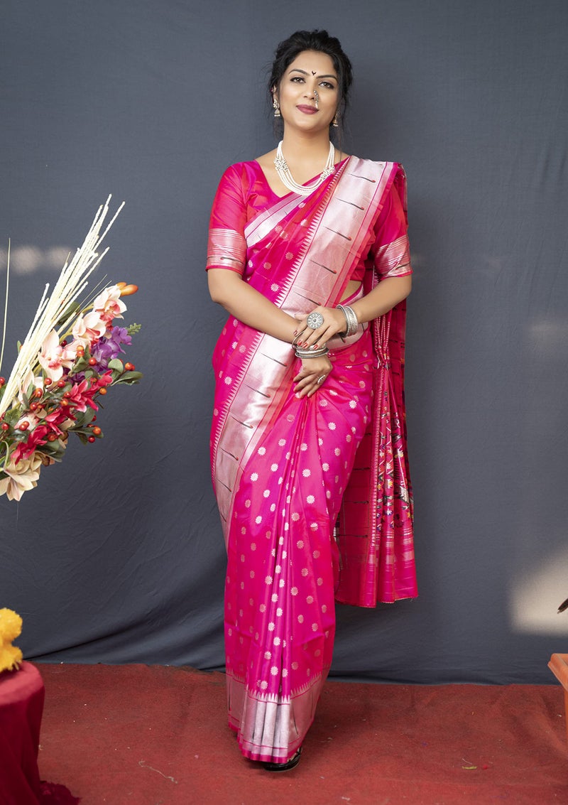 AMIRAT Women's Litchi Silk Paithani Saree and Unstitched Blouse Piece | Saree Blouse for Women | Pink - Image 2