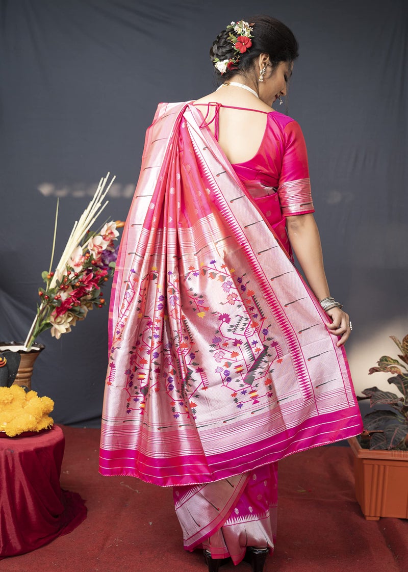 AMIRAT Women's Litchi Silk Paithani Saree and Unstitched Blouse Piece | Saree Blouse for Women | Pink - Image 5