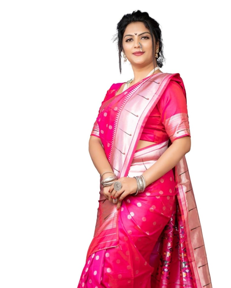 AMIRAT Women's Litchi Silk Paithani Saree and Unstitched Blouse Piece | Saree Blouse for Women | Pink - Image 1