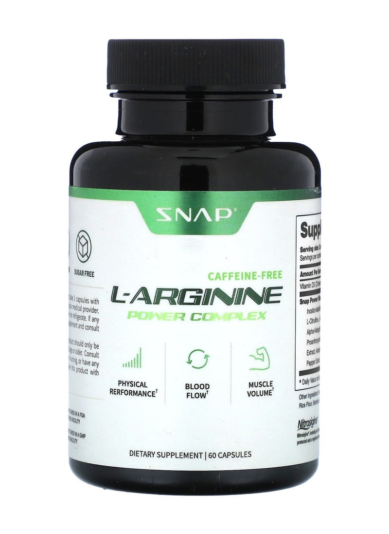 SNAP SUPPLEMENTS - L Arginine Capsules- Power Complex - Increase Physical Performance, Blood Flow & Muscle Volume - Dietary Supplement (60 Capsules) - Image 1