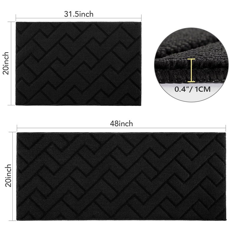 hicorfe Kitchen Rugs and Mats Sets,2 Pieces Super Absorbent Polypropylene Non-Slip Rug,Soft Comfort Floor Mat,Washable for Kitchen,Hallway,Office,Sink,Laundry(20" x 32"+20" x 48",Black) - Image 2