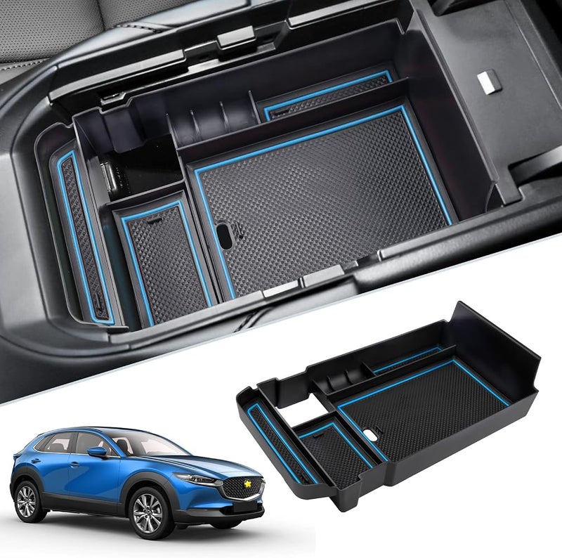 SKTU for 2024 2023 2022 2021 2020 Mazda CX-30 Center Console Organizer 2023 2024 CX30 Accessories 2023 2024 CX30 Center Console Tray Armrest Secondary Storage Box with Coin and Glass Holder (Blue) - Image 1