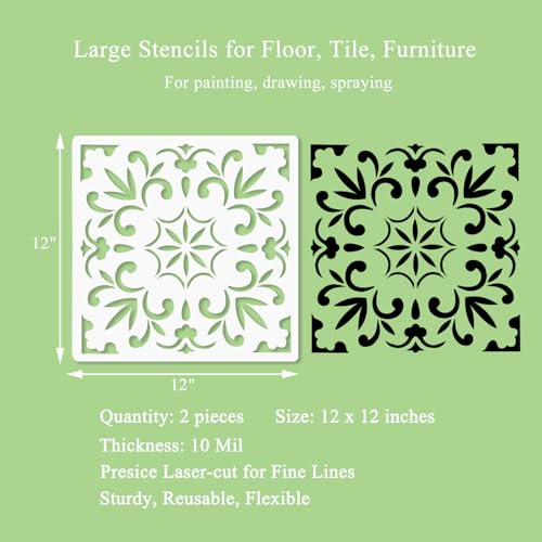 JIUMEI 2pcs 12" x 12" Large Mandala Stencil Painting Template for Floor, Tile, Wall, Fabric, Wood and Furniture - Reusable Flower Stencil DIY Painting Stencil Art Craft Stencils - Image 2