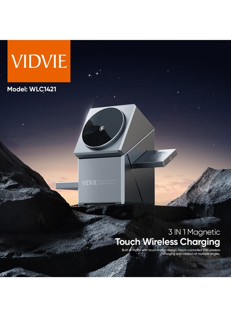 Vidvie - 3 IN 1 Touch Rotation Magnetic Wireless Charging Cube Compatible with MagSafe, Fast Charging Foldable Wireless Charger, Compatible with iPhone 16/15/14,  Watch 1-8/Ultra, AirPods Pro Grey - Image 1