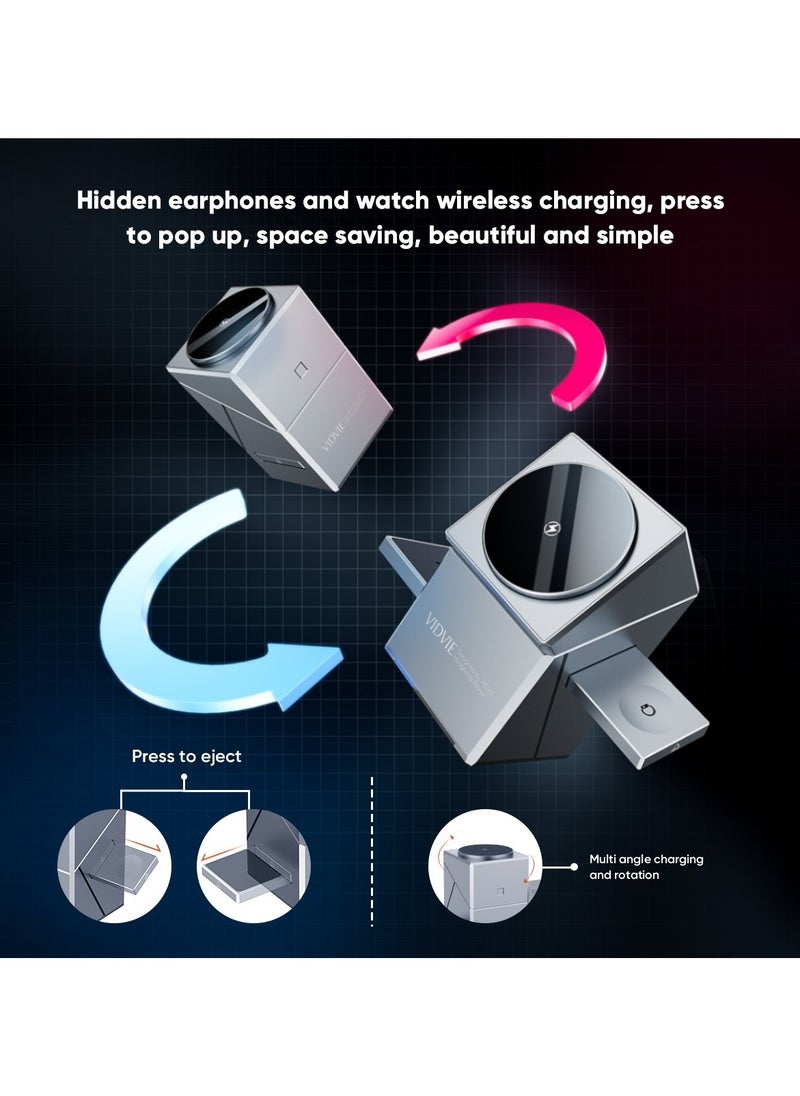 Vidvie - 3 IN 1 Touch Rotation Magnetic Wireless Charging Cube Compatible with MagSafe, Fast Charging Foldable Wireless Charger, Compatible with iPhone 16/15/14,  Watch 1-8/Ultra, AirPods Pro Grey - Image 1