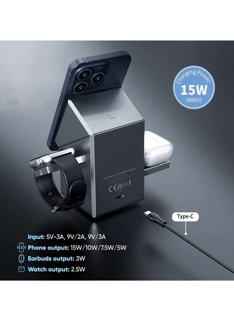 Vidvie - 3 IN 1 Touch Rotation Magnetic Wireless Charging Cube Compatible with MagSafe, Fast Charging Foldable Wireless Charger, Compatible with iPhone 16/15/14,  Watch 1-8/Ultra, AirPods Pro Grey - Image 1