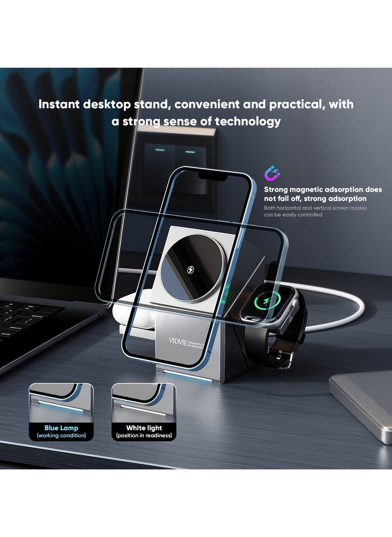 Vidvie - 3 IN 1 Touch Rotation Magnetic Wireless Charging Cube Compatible with MagSafe, Fast Charging Foldable Wireless Charger, Compatible with iPhone 16/15/14,  Watch 1-8/Ultra, AirPods Pro Grey - Image 1