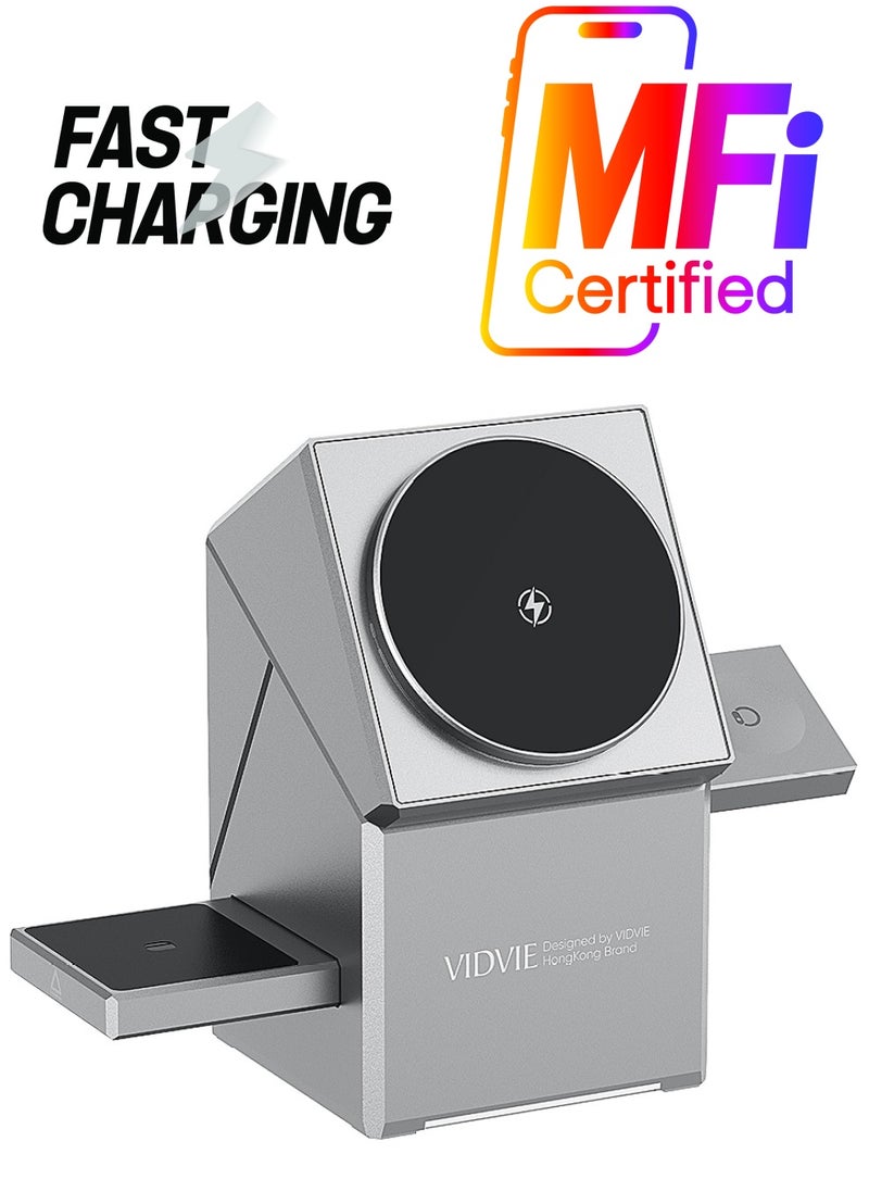 Vidvie - 3 IN 1 Touch Rotation Magnetic Wireless Charging Cube Compatible with MagSafe, Fast Charging Foldable Wireless Charger, Compatible with iPhone 16/15/14,  Watch 1-8/Ultra, AirPods Pro Grey - Image 1