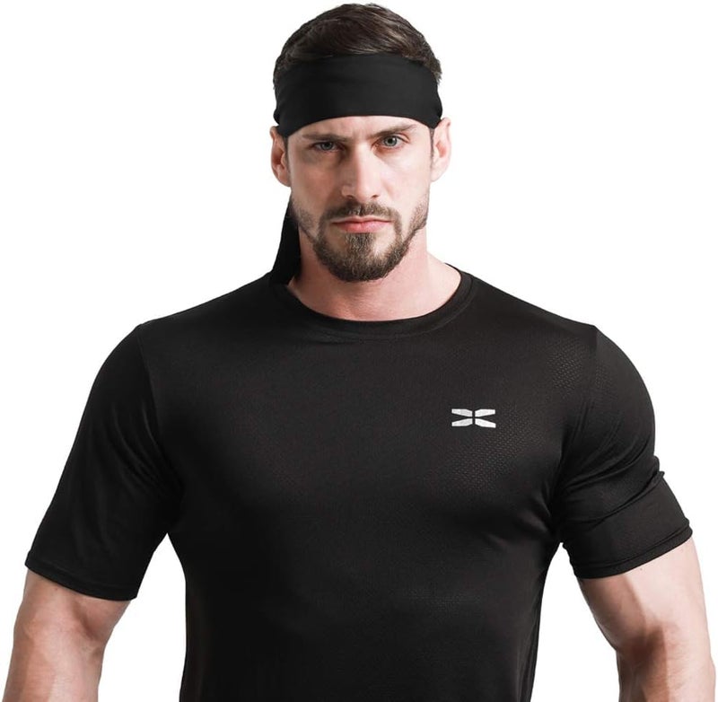 PAROPKAR PAROPKAR Tie Headband Men Women Sweat Wicking Workout Running Sport Headhand Head Band for Cricket Yoga Golf Gym Camping RunningTennis (Black) (Black) - Image 2