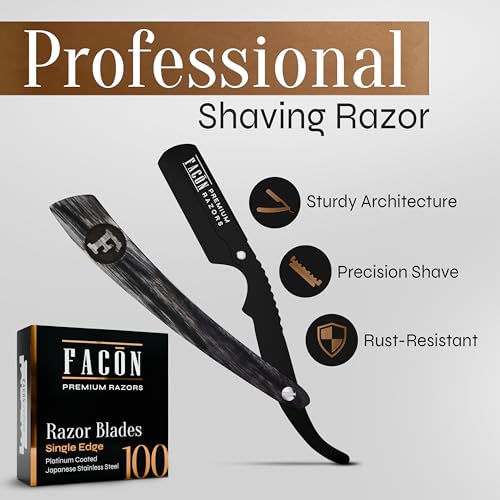 FACON Facón Straight Razors for Men - Professional Barber Straight Edge Razor Kit with 100 Blades, Wooden Stainless Steel Barbero Shaver for a Smooth & Precise Shave, Premium Barber Razor for Men's Shaving - Image 2