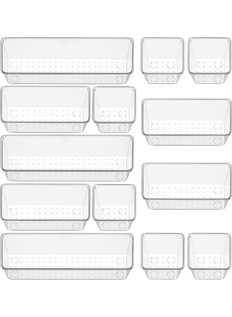 مجموعة منظم أدراج شفاف من ١٢ قطعة، ٣ أحجام لصناديق تنظيم الحمام وصناديق تخزين للمكياج، ومستحضرات التجميل، والمجوهرات، والأدوات. جديدة للمكتب، والمطبخ، وغرفة النوم، والحمام. - Image 1