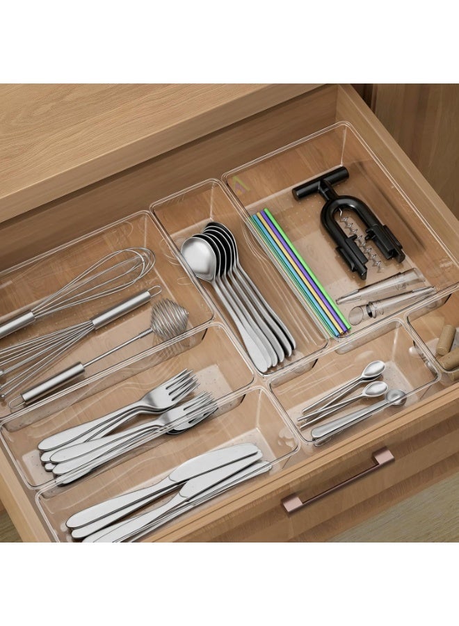 مجموعة منظم أدراج شفاف من ١٢ قطعة، ٣ أحجام لصناديق تنظيم الحمام وصناديق تخزين للمكياج، ومستحضرات التجميل، والمجوهرات، والأدوات. جديدة للمكتب، والمطبخ، وغرفة النوم، والحمام. - Image 4