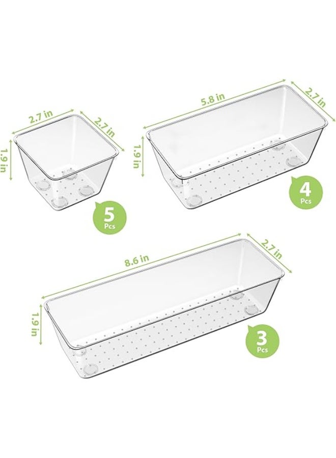 مجموعة منظم أدراج شفاف من ١٢ قطعة، ٣ أحجام لصناديق تنظيم الحمام وصناديق تخزين للمكياج، ومستحضرات التجميل، والمجوهرات، والأدوات. جديدة للمكتب، والمطبخ، وغرفة النوم، والحمام. - Image 2