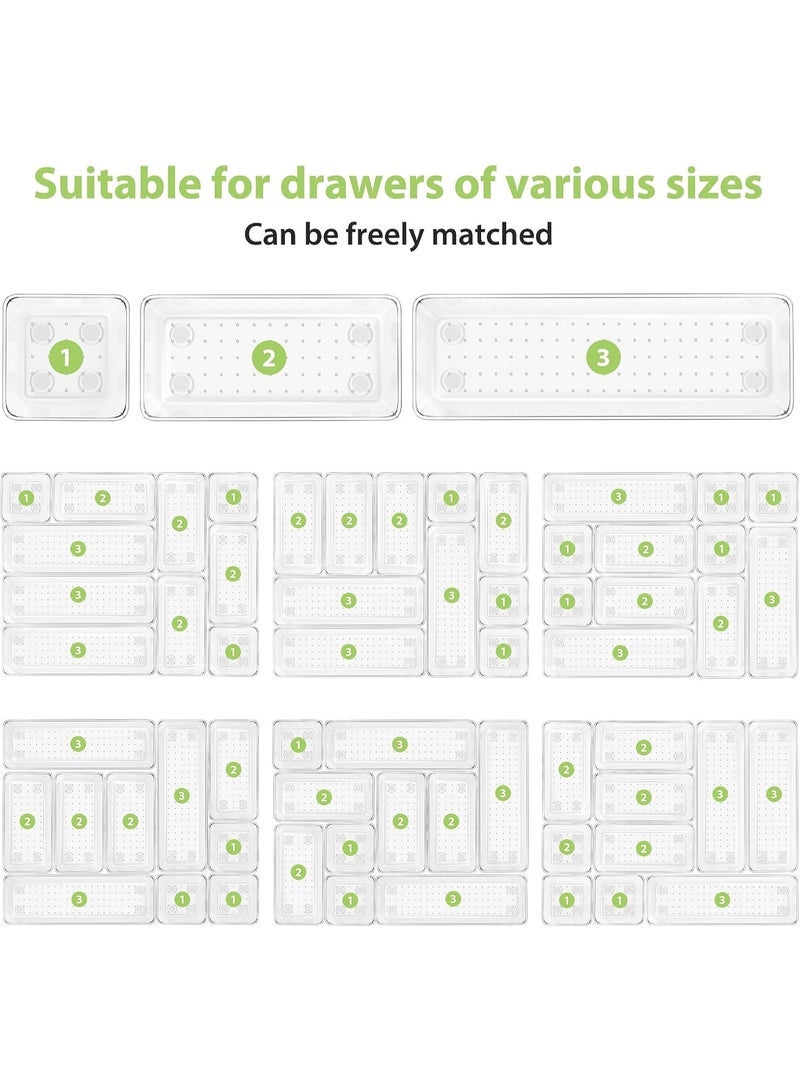 مجموعة منظم أدراج شفاف من ١٢ قطعة، ٣ أحجام لصناديق تنظيم الحمام وصناديق تخزين للمكياج، ومستحضرات التجميل، والمجوهرات، والأدوات. جديدة للمكتب، والمطبخ، وغرفة النوم، والحمام. - Image 5