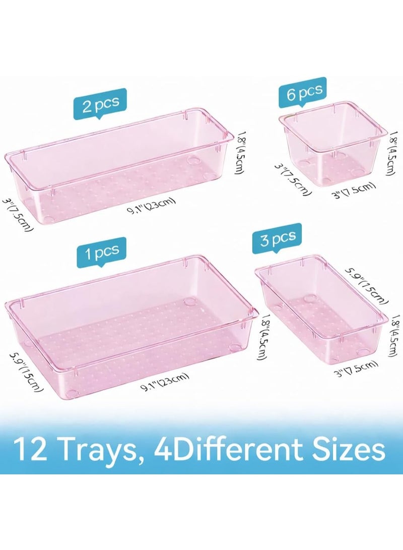 مجموعة منظمات أدراج مستوردة مكونة من 12 قطعة، وحدات تخزين أدراج، منظم مكياج بلاستيكي شفاف وصناديق تخزين للمكياج والقرطاسية والعديد من الأدوات للحمام والمكتب وغرفة النوم - Image 2