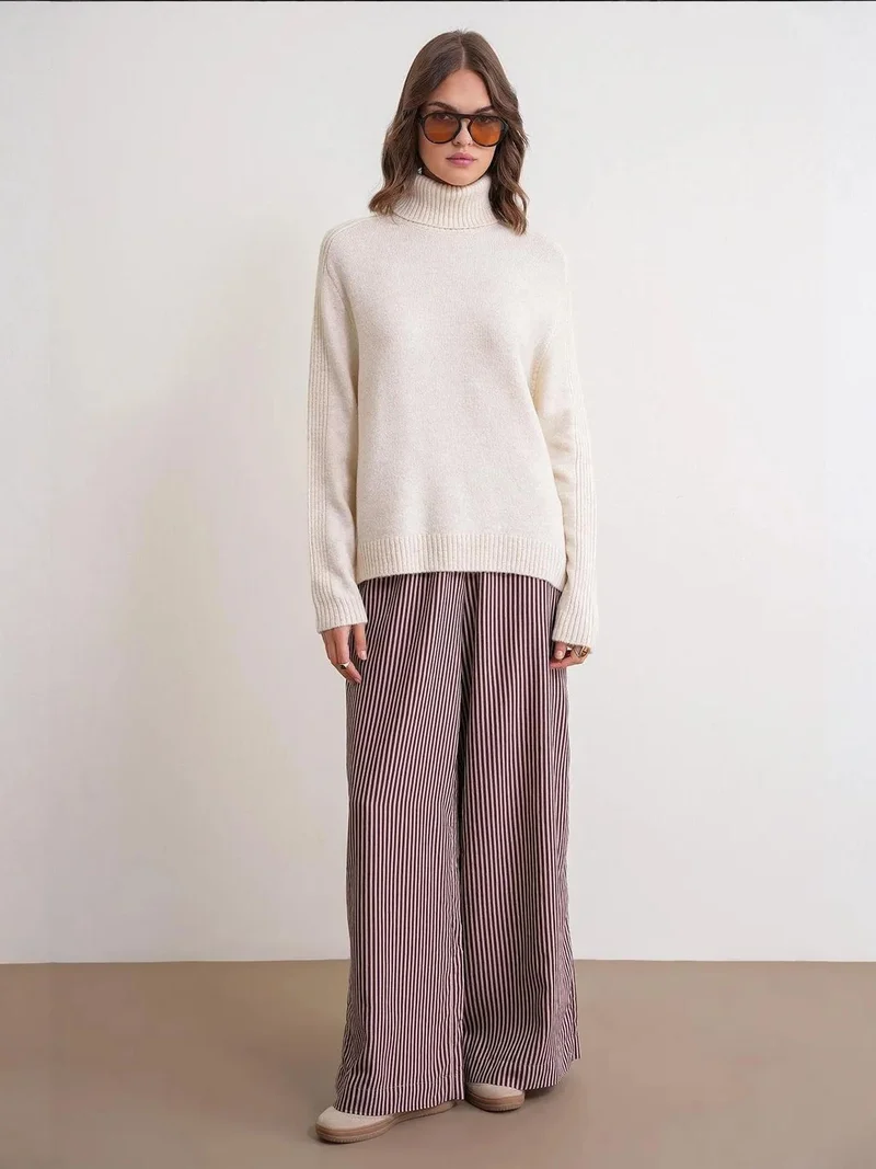 MixRay Natural Mixray Loose Fit Turtleneck Knit Sweater for Women | Best Price UAE