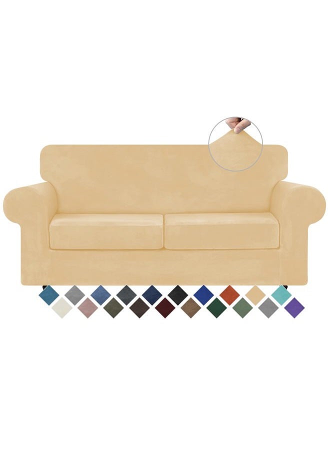 WEERRW Velvet Couch Covers for 2 Cushion Couch Sofa - High Stretch Luxury Velvet Plush 3 Pieces Sofa Slipcovers with Elastic Bottom, Furniture Protector for Pets, Machine Washable, Champagne, Medium - Image 1