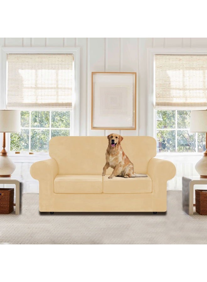 WEERRW Velvet Couch Covers for 2 Cushion Couch Sofa - High Stretch Luxury Velvet Plush 3 Pieces Sofa Slipcovers with Elastic Bottom, Furniture Protector for Pets, Machine Washable, Champagne, Medium - Image 2