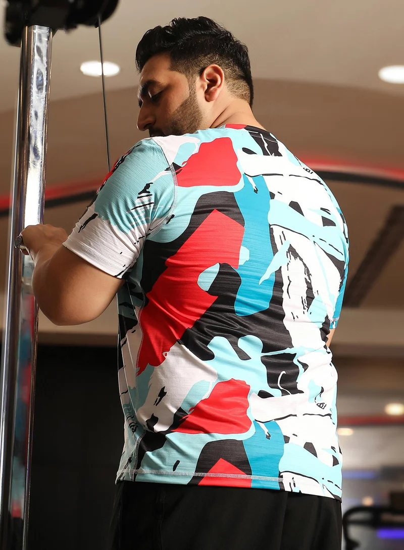 Instafab Plus  Men's Powder Blue & Cream White Abstract Activewear T-Shirt for Men | Best Price UAE