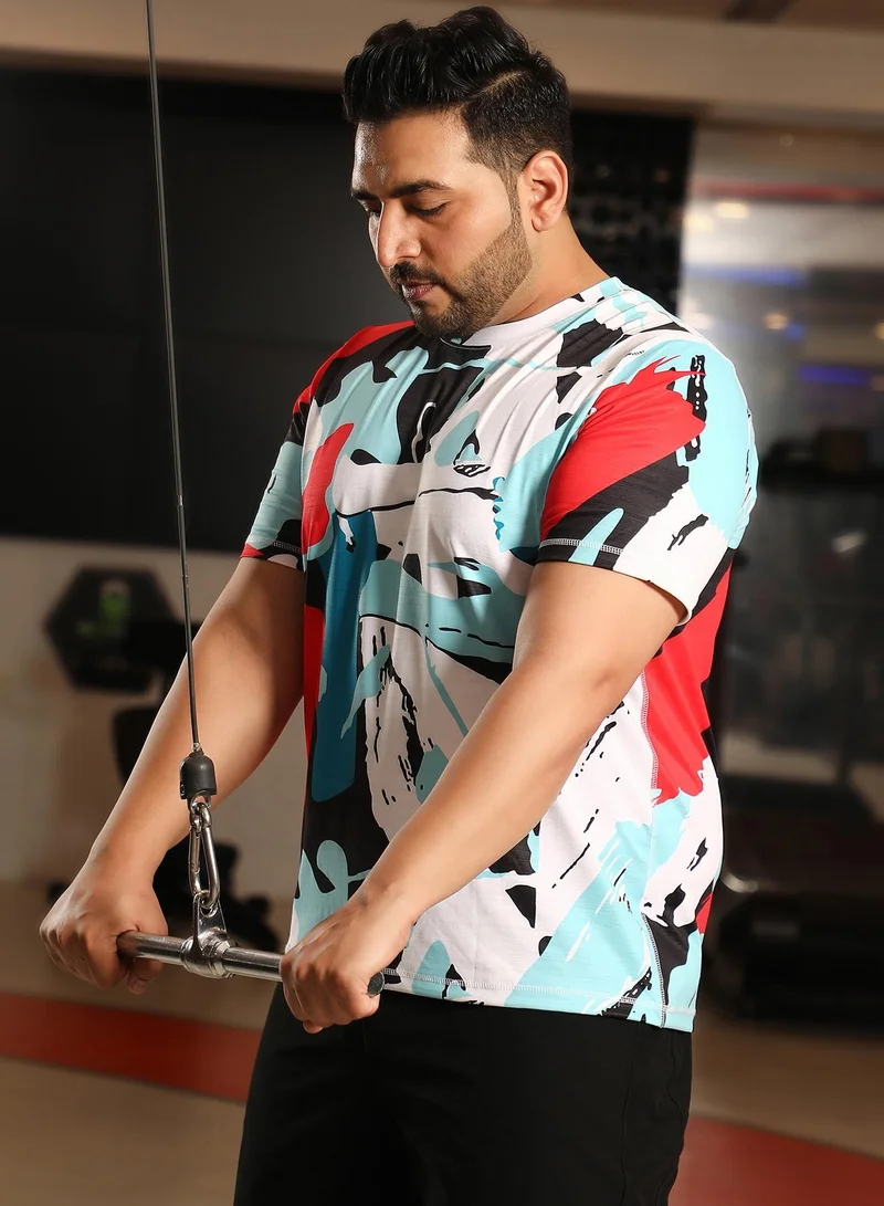 Instafab Plus  Men's Powder Blue & Cream White Abstract Activewear T-Shirt for Men | Best Price UAE