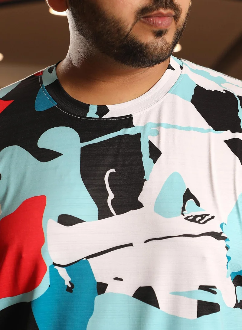 Instafab Plus  Men's Powder Blue & Cream White Abstract Activewear T-Shirt for Men | Best Price UAE
