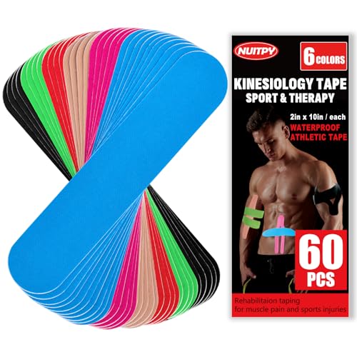 NUITPY 60PCS Precut Kinesiology Tape Strips, 6 Colors 2 inch x 10 inch Cotton Athletic Tape, Kinetic Tape, Elastic Muscle Tape, Sports Tape, Knee Tape for Exercise and Daily Use - Image 1