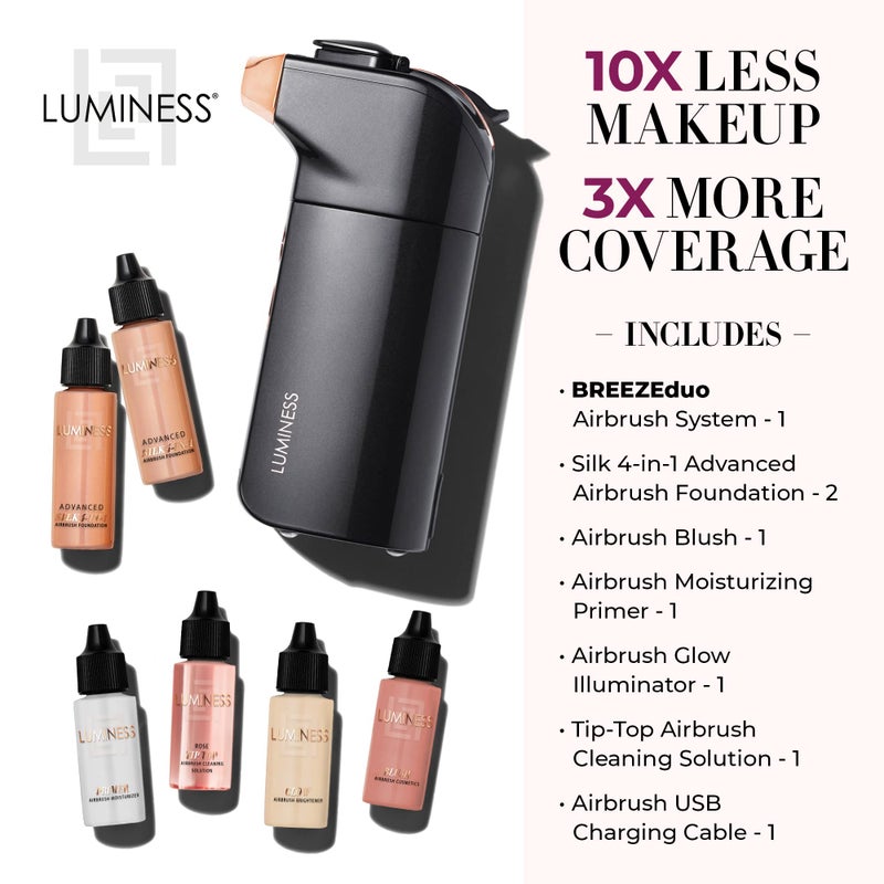 Luminess BREEZE DUO Airbrush Makeup System, Medium Coverage â€“ 9-Piece Kit includes 2x Silk Airbrush Foundation, Soft Rose Blush, Glow Highlighter, Moisturizer Primer, and Airbrush Cleaning Solution - Image 2