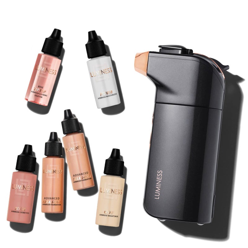 Luminess BREEZE DUO Airbrush Makeup System, Medium Coverage â€“ 9-Piece Kit includes 2x Silk Airbrush Foundation, Soft Rose Blush, Glow Highlighter, Moisturizer Primer, and Airbrush Cleaning Solution - Image 1