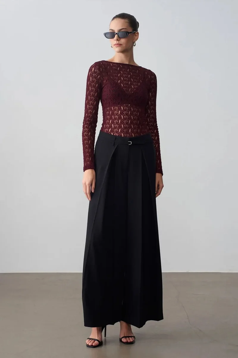 Dilvin Burgundy Red DILVIN Slim Fit Lace Boat Neck Blouse for Women | Best Price UAE
