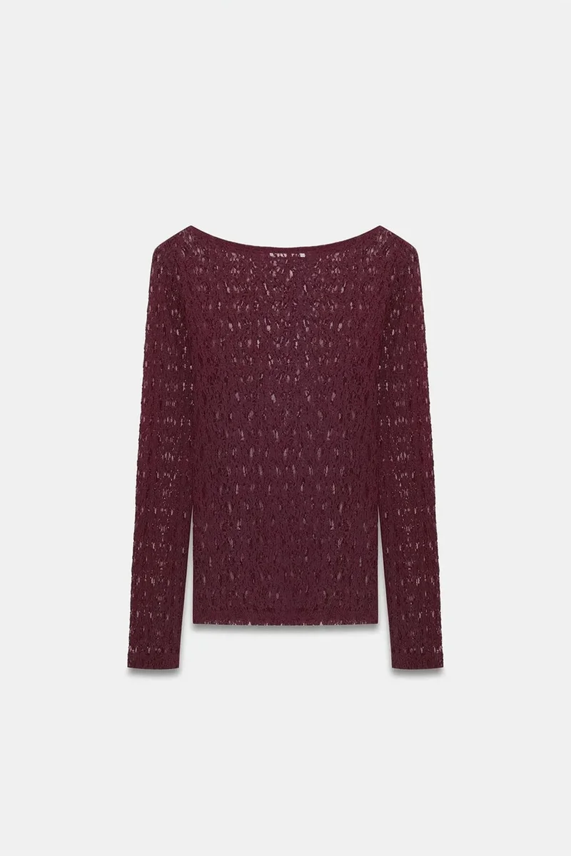 Dilvin Burgundy Red DILVIN Slim Fit Lace Boat Neck Blouse for Women | Best Price UAE